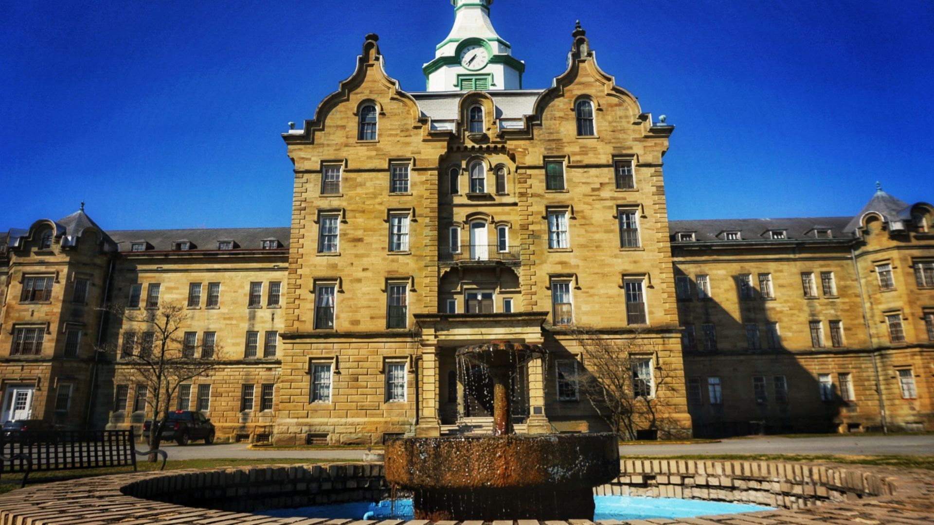 2019 face image of Weston State Hospital (aka Trans-Allegheny Lunatic Asylum) that is located in Weston, Wv and was finished in 1881 and began accepting patients in 1864 during the Civil War