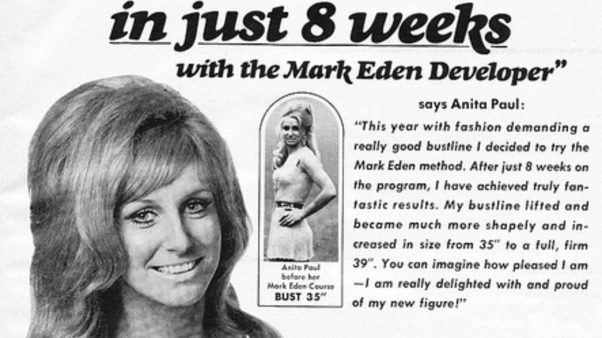 Full page magazine ad for the Mark Eden Bust Developer, published in a magazine w/o a separate copyright notice.  This version must date to before 1966, when a USPS consent decree forbade the business from making specific claims about increasing breast si