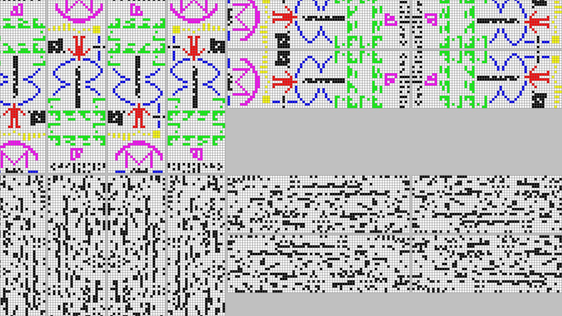16 possibilities for decoding the Arecibo message. The eight in the top half of the image are the intended decoding and its reflections and/or rotations. The eight in the bottom half (with number of rows and columns swapped) are gibberish.