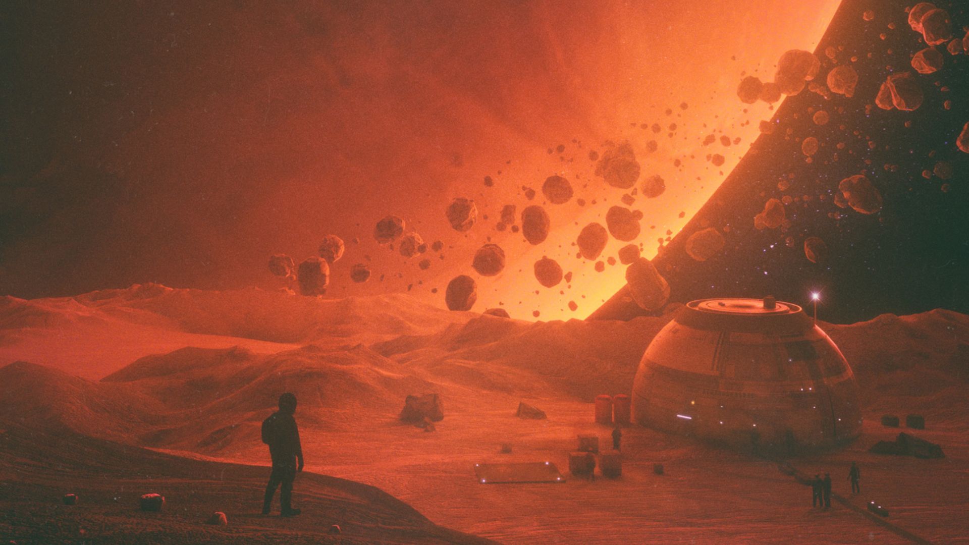 A person in a space suit looking down a valley to a dome-shaped building surrounded by cargo and more people in space suits. An asteroid field and a gas giant in the sky.