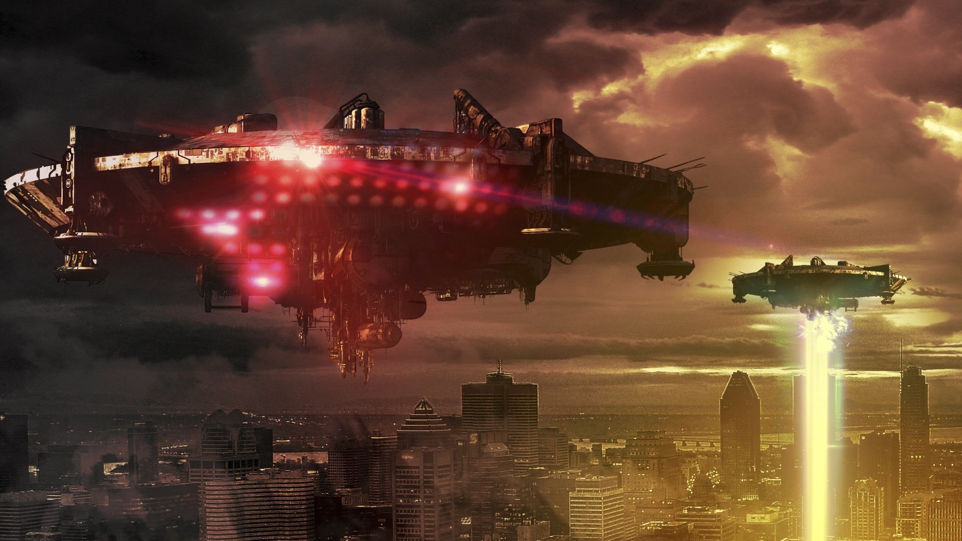 Artwork of flying saucers attacking a metropolis. One of the saucers can be seen firing a beam weapon, a common element in science fiction.