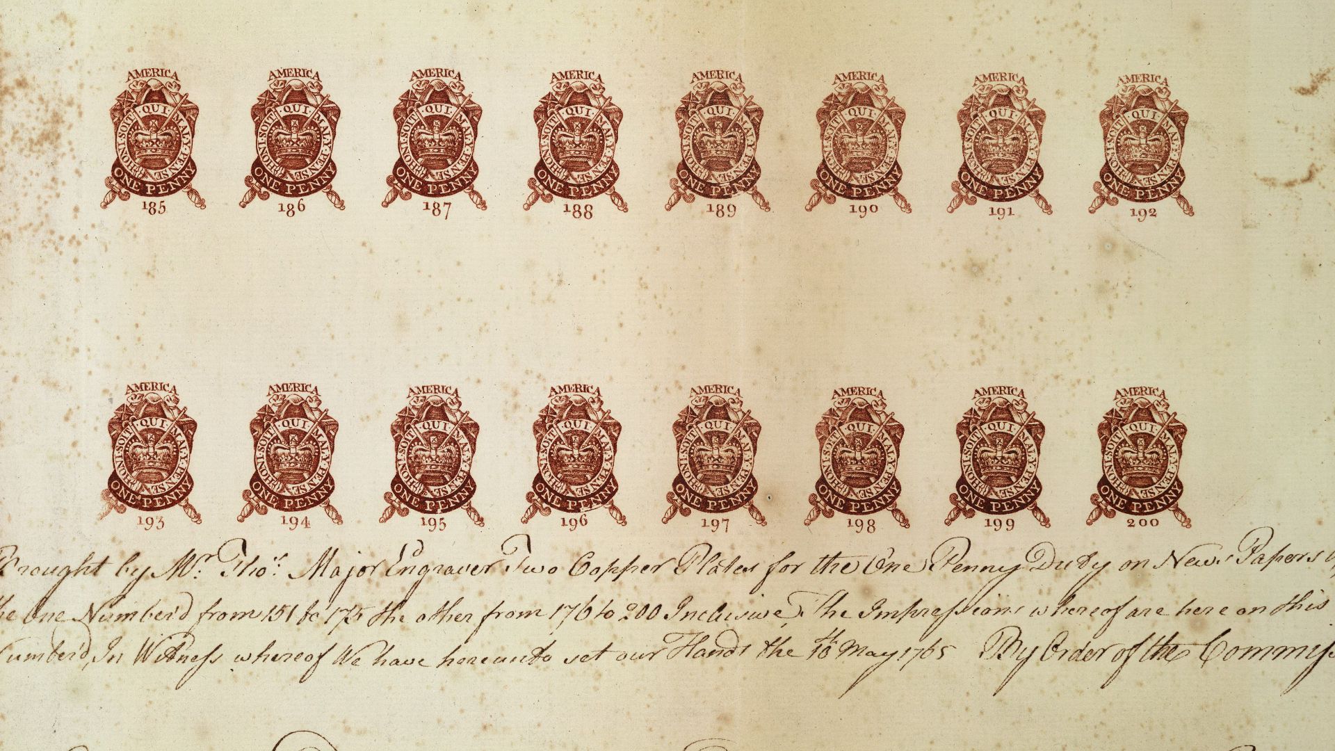 File:Proof sheet of one penny stamps Stamp Act 1765.jpg