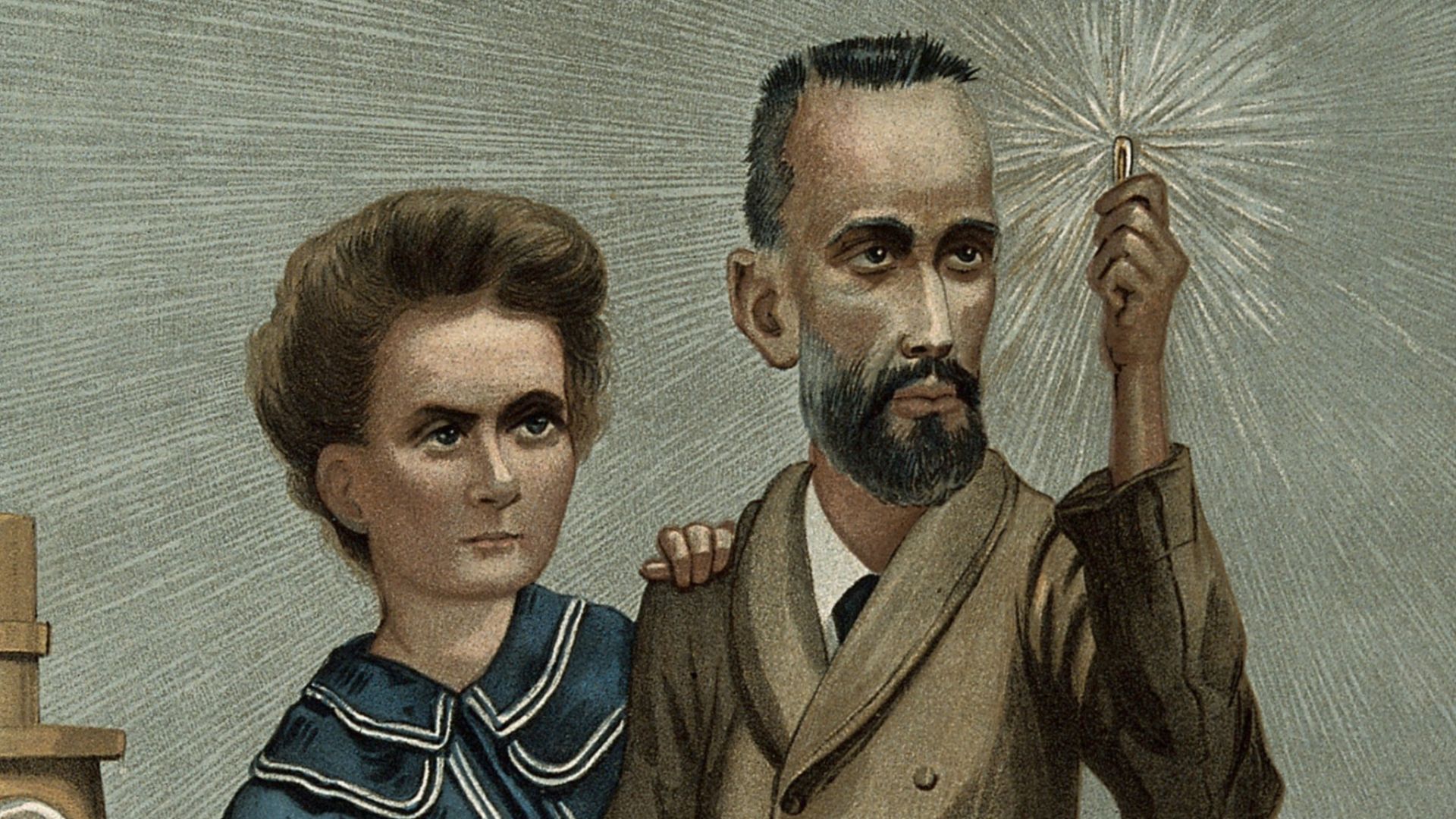 File:Marie and Pierre Curie, he holding aloft a glowing specimen Wellcome V0001397.jpg