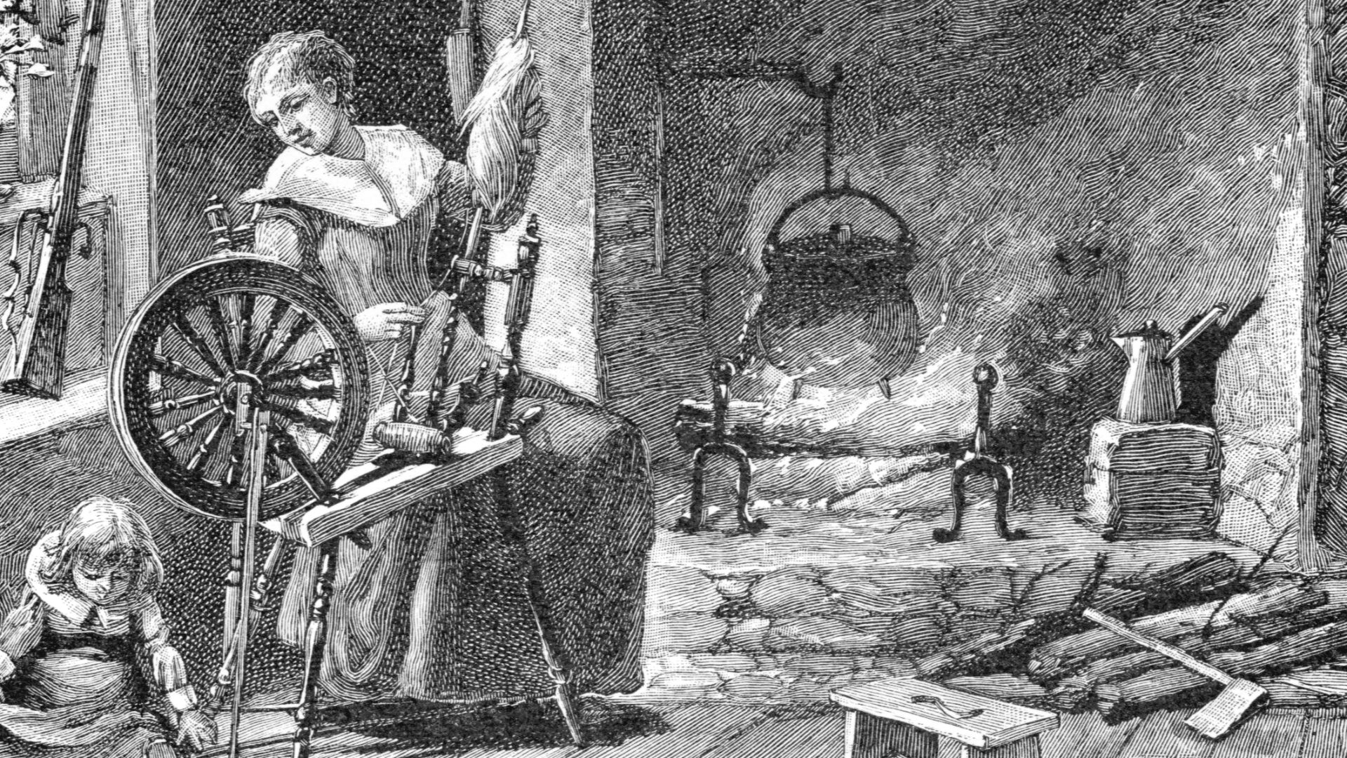 Colonial kitchen with woman spinning, an engraving