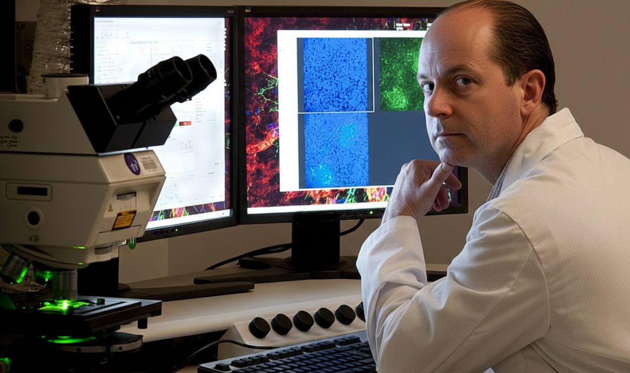 Scientist with a scanning microscope