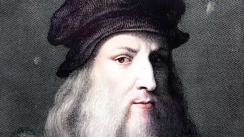 Colorized Portrait Painting of Leonardo Da Vinci on a dark background