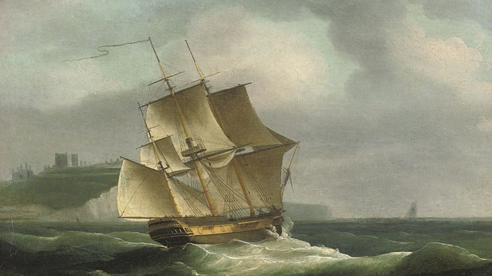 File:Thomas Whitcombe - A three-masted merchantman beating her way up the Channel past Dover Castle.jpg