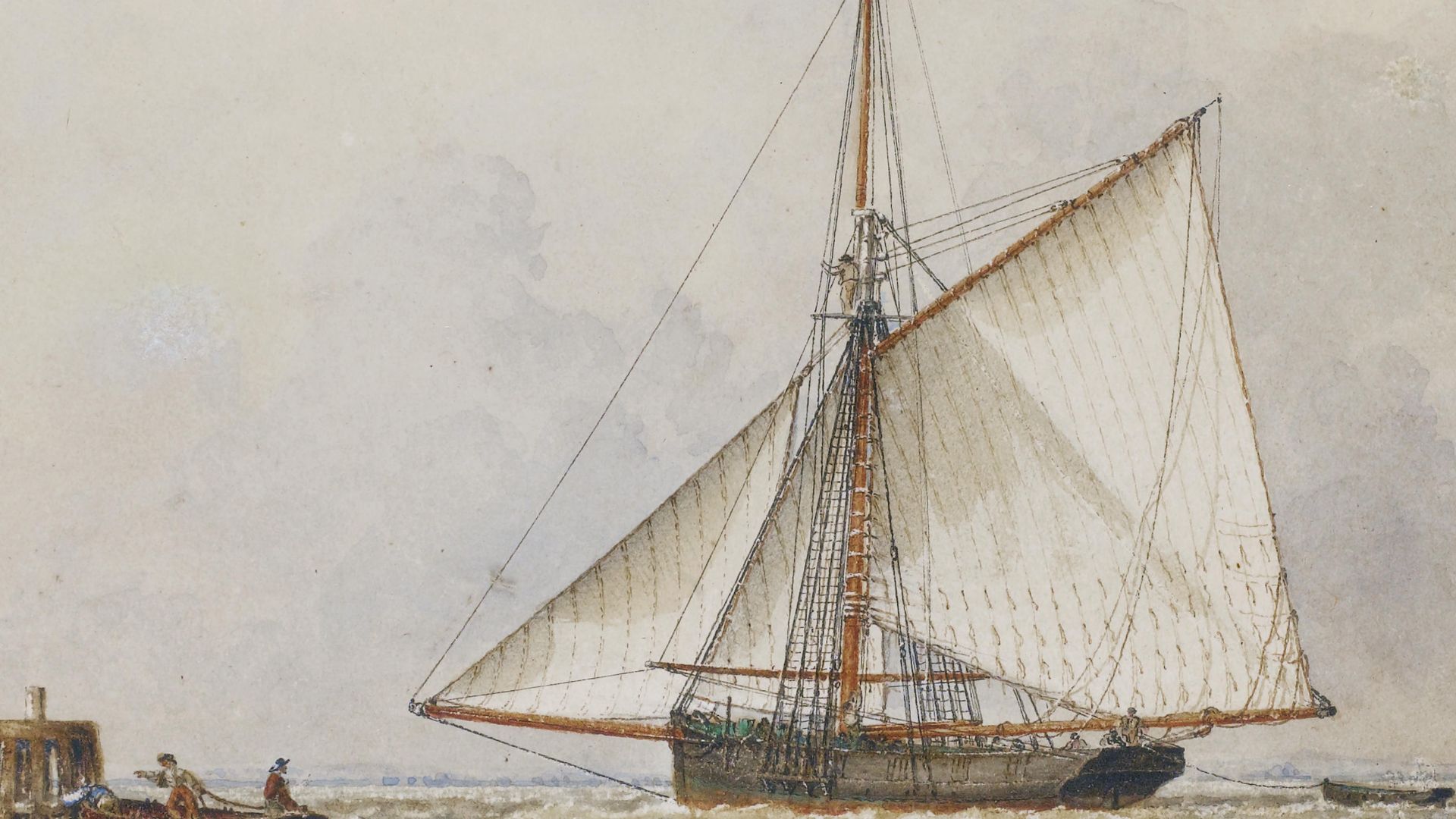 File:John Ward of Hull - A trading cutter shortening sail as members of her crew carry a mooring rope to a wooden dolphin nearby.jpg