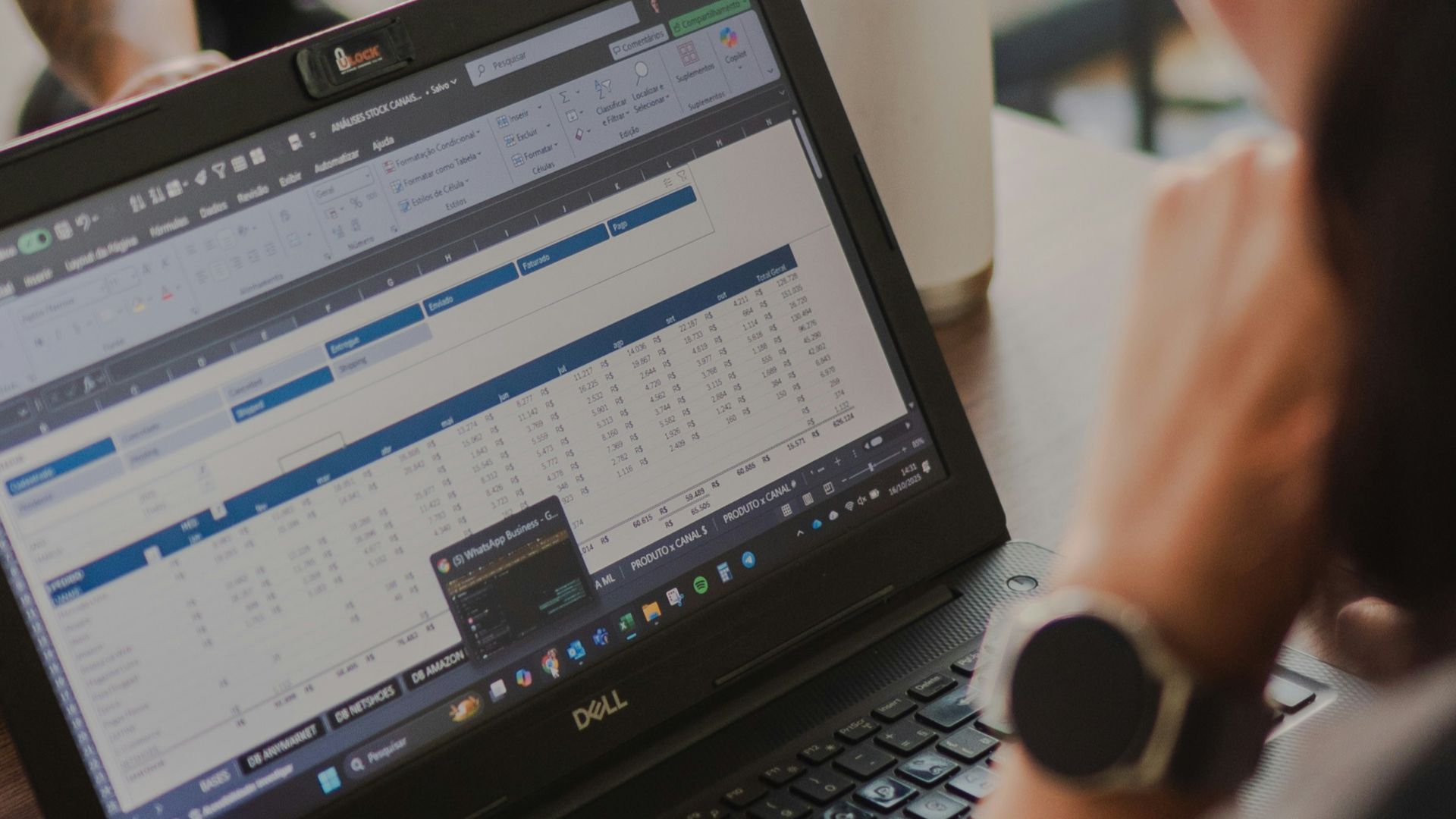 Woman working on a laptop with spreadsheet data.