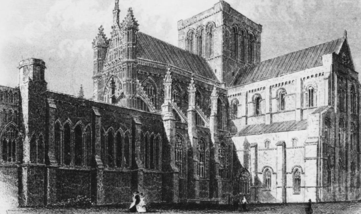 A north-east view of Winchester Cathedral in Winchester, Hampshire, circa 1853. 