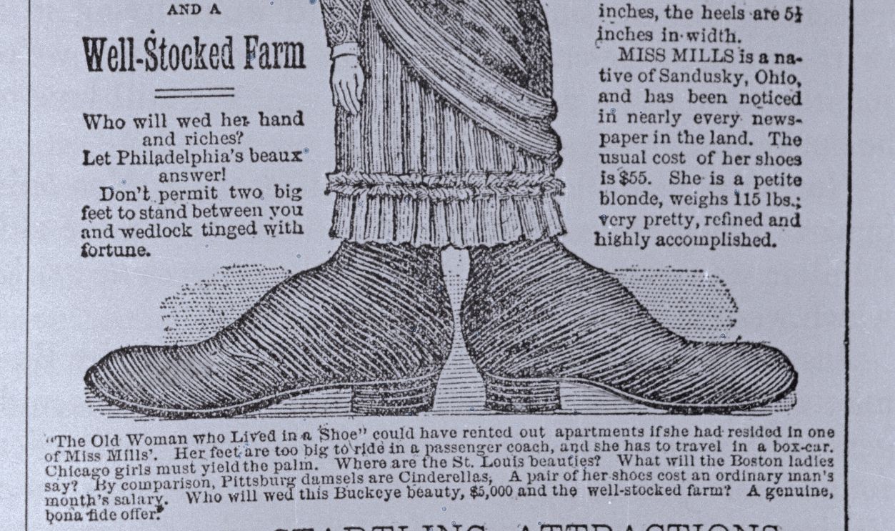 Gettyimages - 517447428, Advertisement for Ohio Character (Original Caption) This is an old time poster with the reading of--That Girl from Ohio, Miss Fannie Mills, who has the biggest feet on earth.
