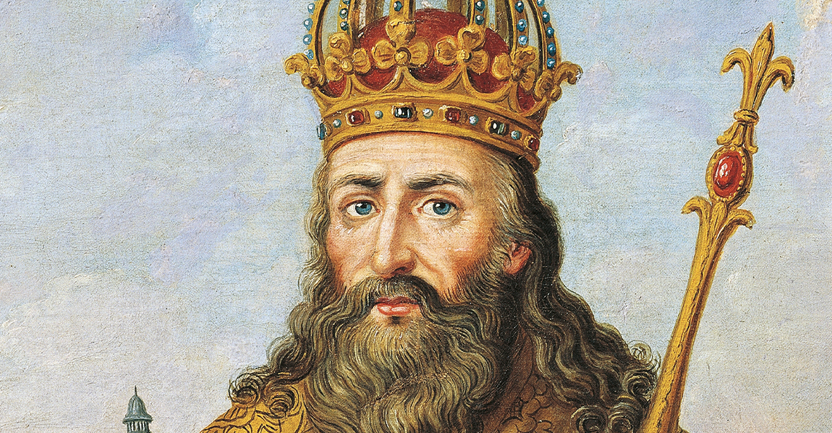 Portrait of Charlemagne (742 - Aachen, 814), King of the Franks and Lombards and Emperor of the Holy Roman Empire, standing with a model of the Palatine Chapel, detail.