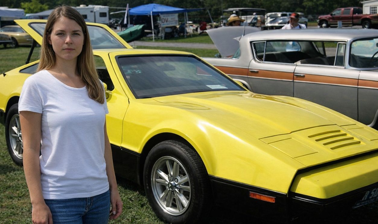 Woman standing near a 1974 Bricklin SV-1 sports car 
