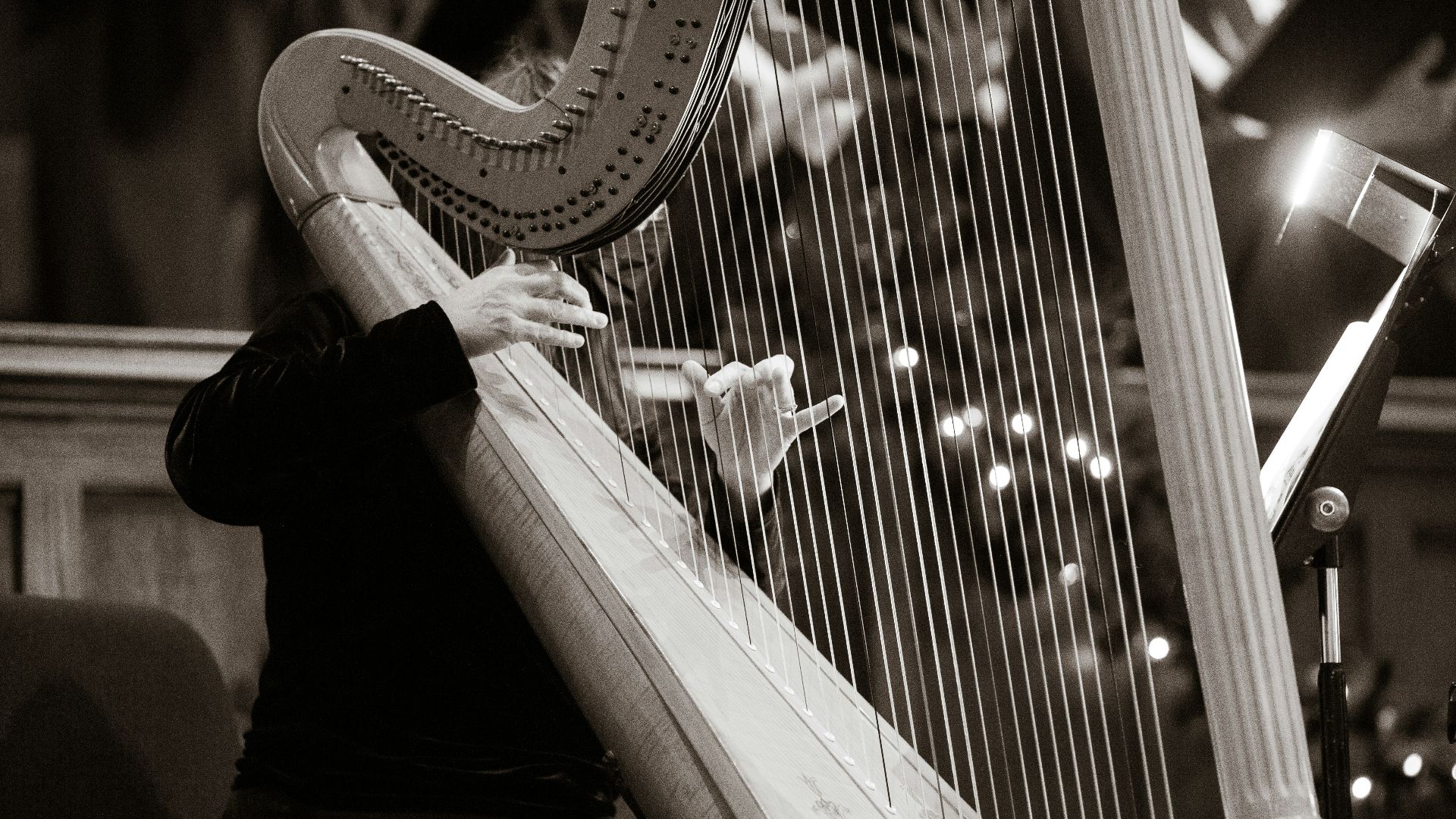 a woman playing a harp in front of a microphone