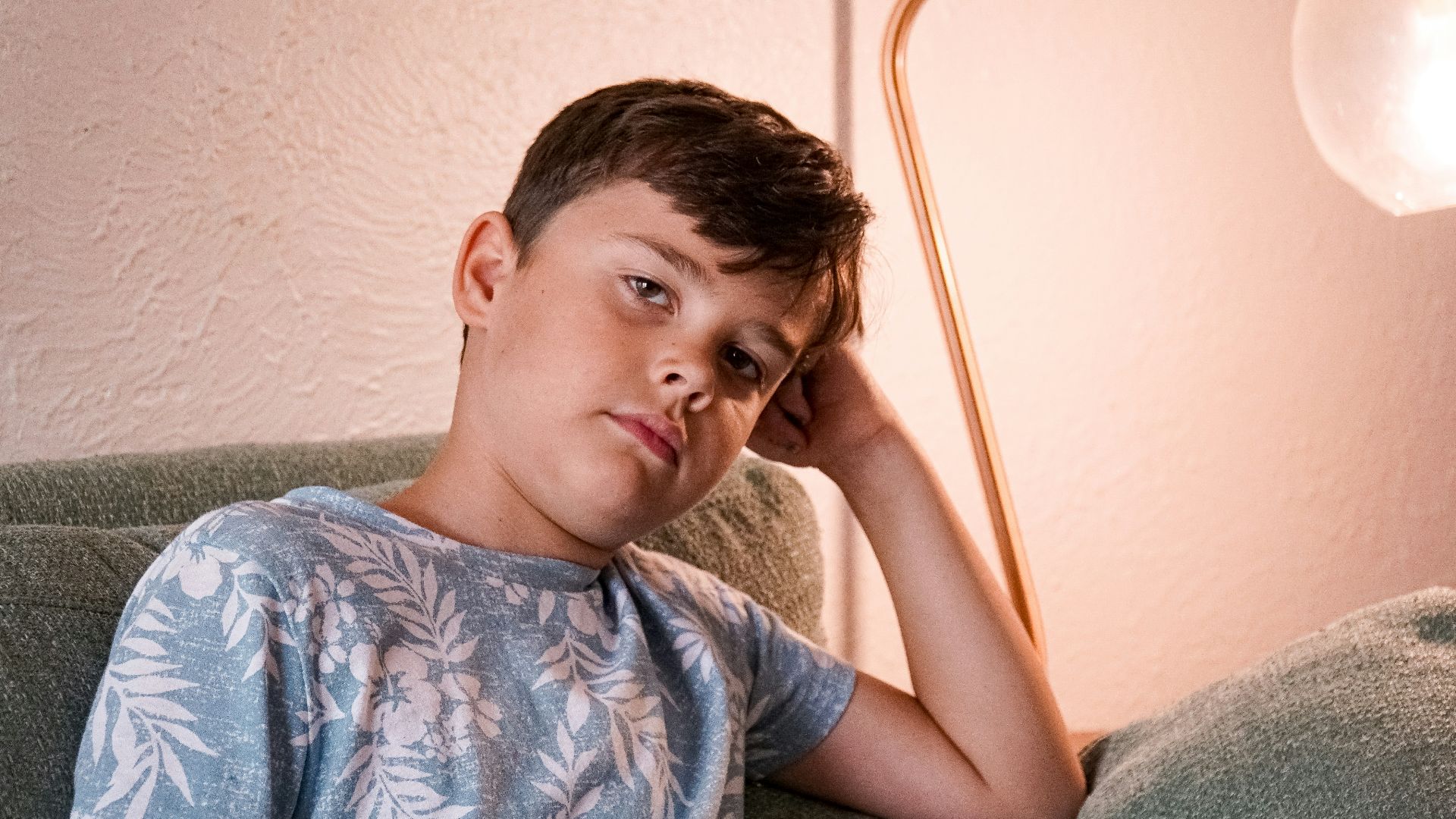 boy in blue and white crew neck t-shirt