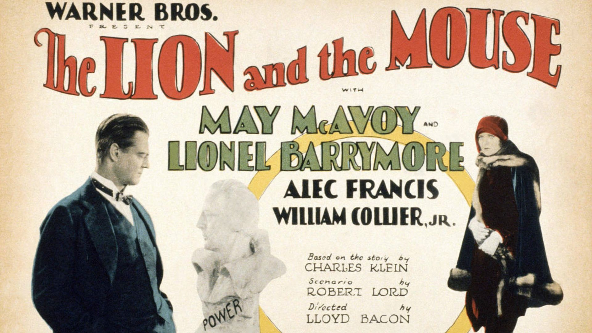 Lobby card for the American drama film The Lion and the Mouse (1928).