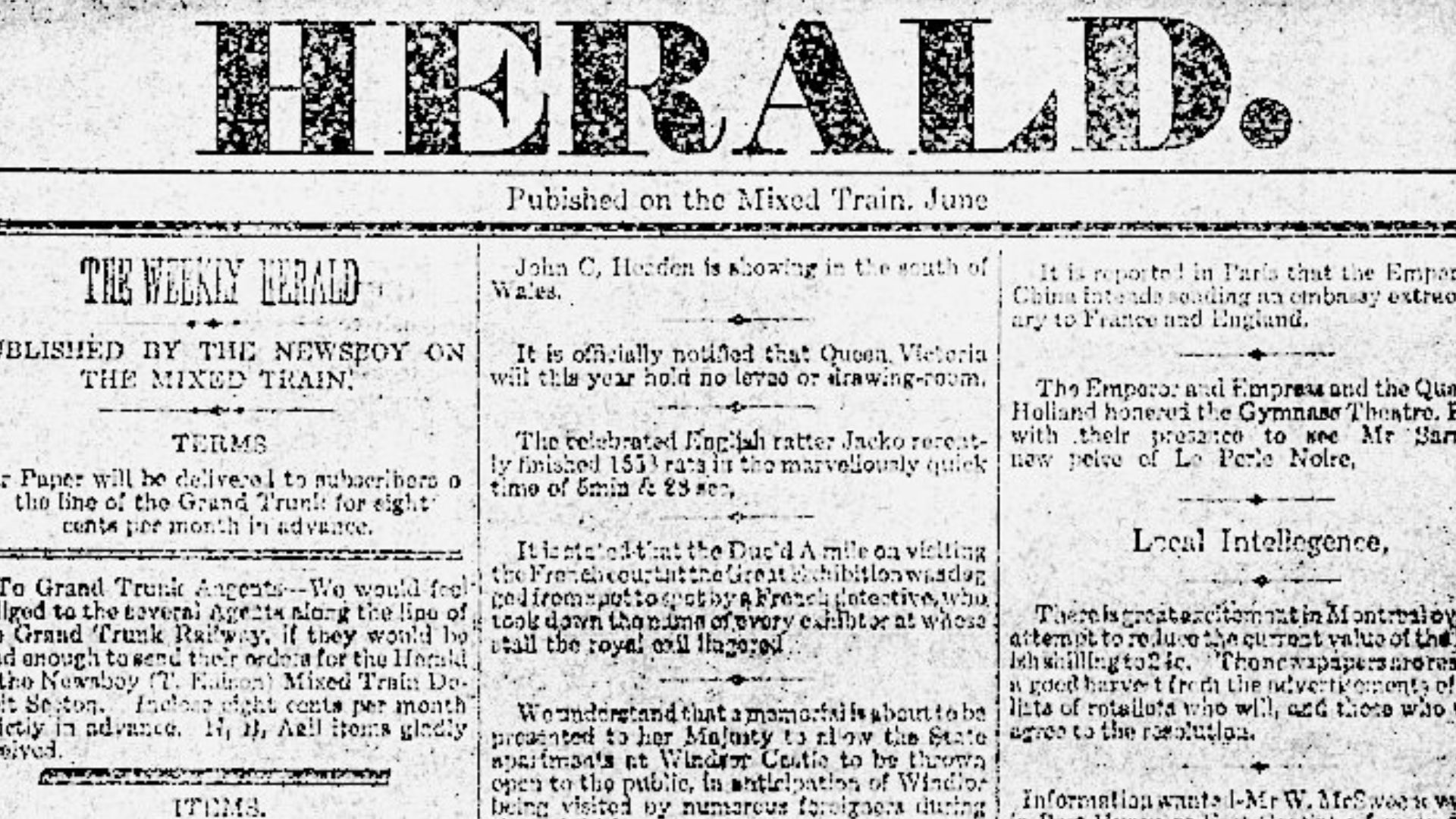 Herald newspaper, published by Thomas Edison for use aboard the Grand Trunk railway between Detroit and Port Huron, Michigan. Cropped and lightened by the uploader.
