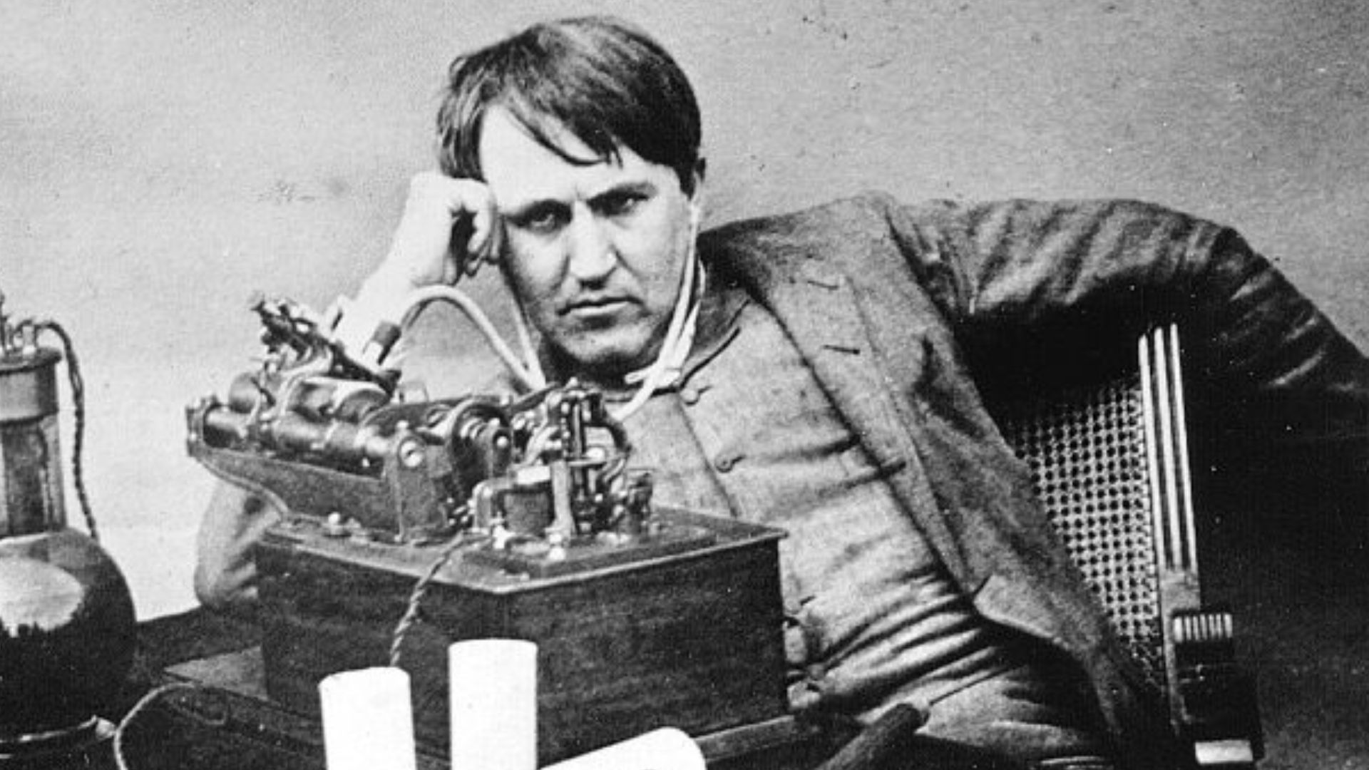 Thomas Edison with early version of phonograph.