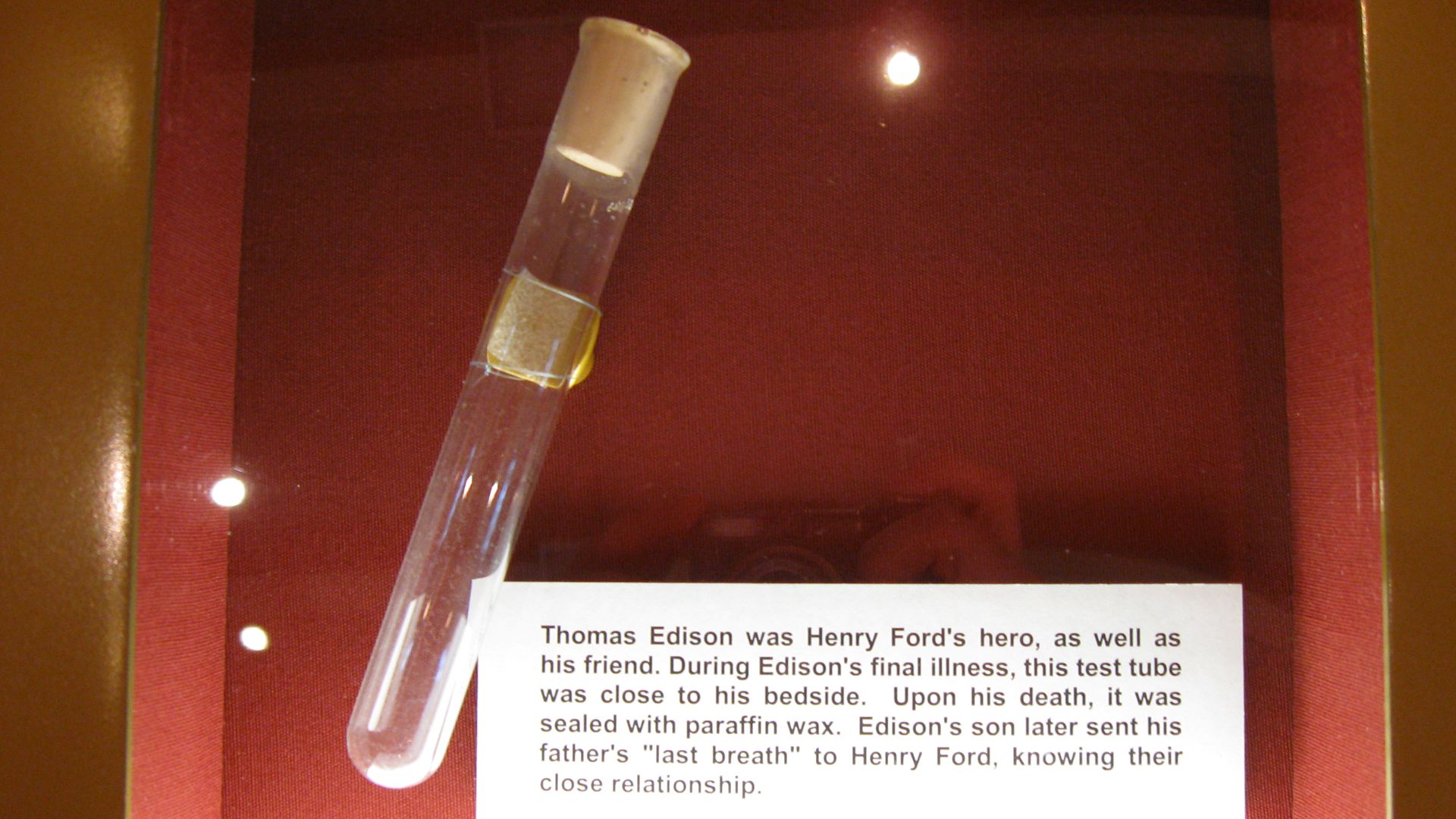 A test tube purported to hold Thomas Edison's last breath in the Henry Ford Museum.