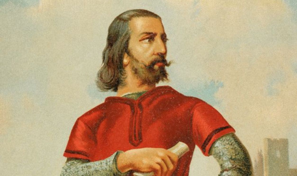 Rodrigo Diaz de Vivar, known as El Cid Campeador (ca. 1043-1099). Castilian nobleman, knighted by the infante Sancho. He took part in the battles of Llantada and Golpejera against Alfonso VI, and the Siege of Zamora. Chromolithography. 