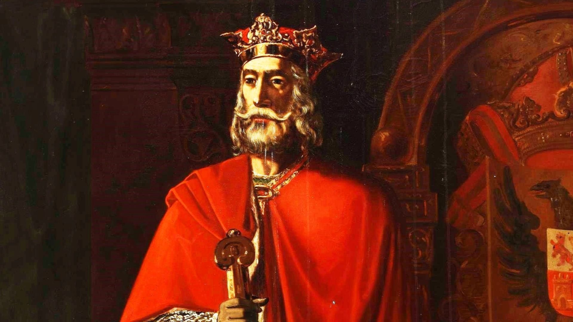 Retrato imaginario del rey Alfonso VI de León (1047-1109). Fue hijo del rey Fernando I de León y de la reina Sancha de León. Conquistó la ciudad de Toledo en el año 1085, aunque fue derrotado por los musulmanes en las batallas de Sagrajas y Uclés, que constituyeron sendas derrotas para las tropas leonesas y castellanas, falleciendo en la primera de ellas el heredero de Alfonso VI, el infante Sancho Alfónsez. Alfonso VI falleció en 1109, a los 62 años de edad y fue sucedido por su hija, Urraca I de León.