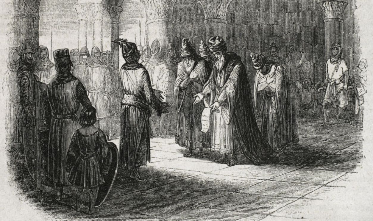 Rodrigo Diaz de Vivar, known as El Cid Campeador (c. 1043-1099). Castilian nobleman, knighted by Sancho II of Castile. Presentation of the embassy of the King of Persia to The Cid. Illustration by Vallejo. Engraving by Capuz. Historia General de Espana by Father Mariana. Madrid, 1852.