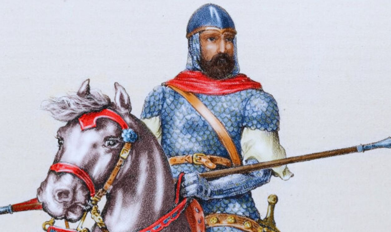 Rodrigo Diaz de Vivar (c.1043-1099), known as El Cid, Castilian nobleman, military leader and diplomat, El Cid riding Babieca, Colored engraving.