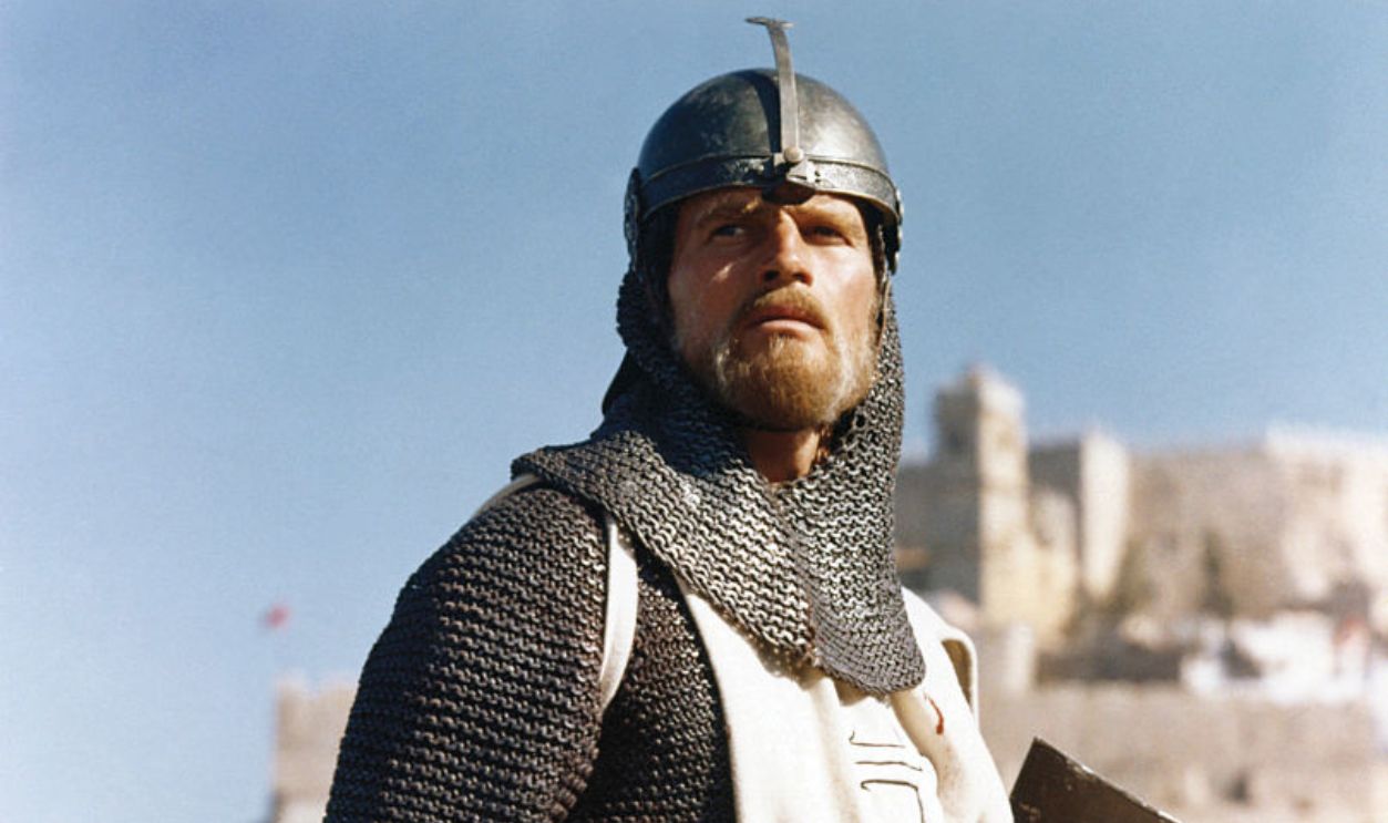 American actor Charlton Heston on the set of El Cid, directed by Anthony Mann.