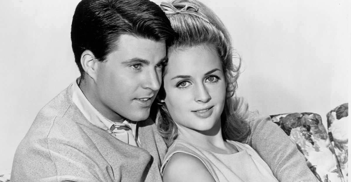 Black and white publicity photo of Ricky Nelson and Kristin Nelson.