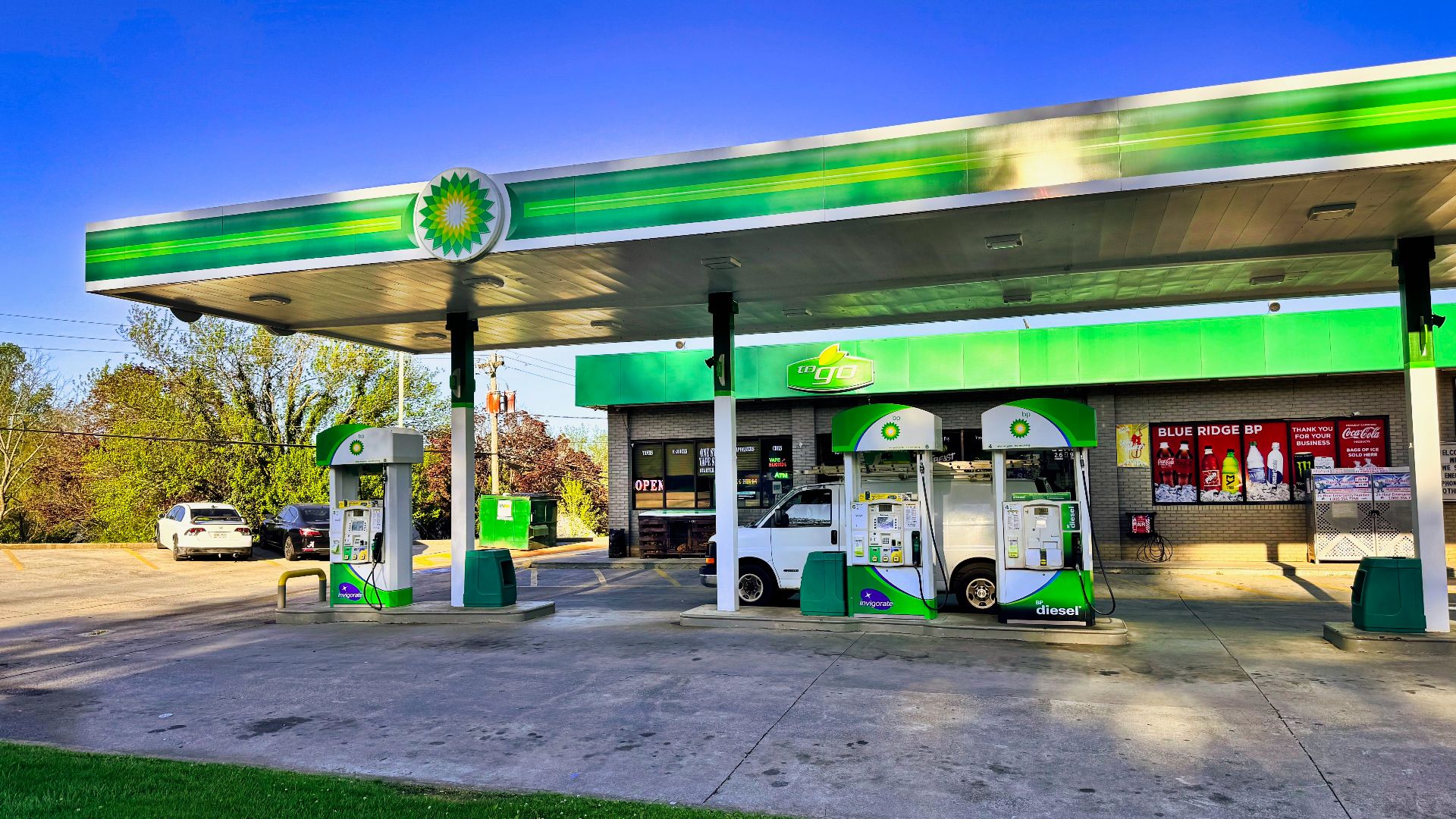 A modern BP gas station or filling station in the United States