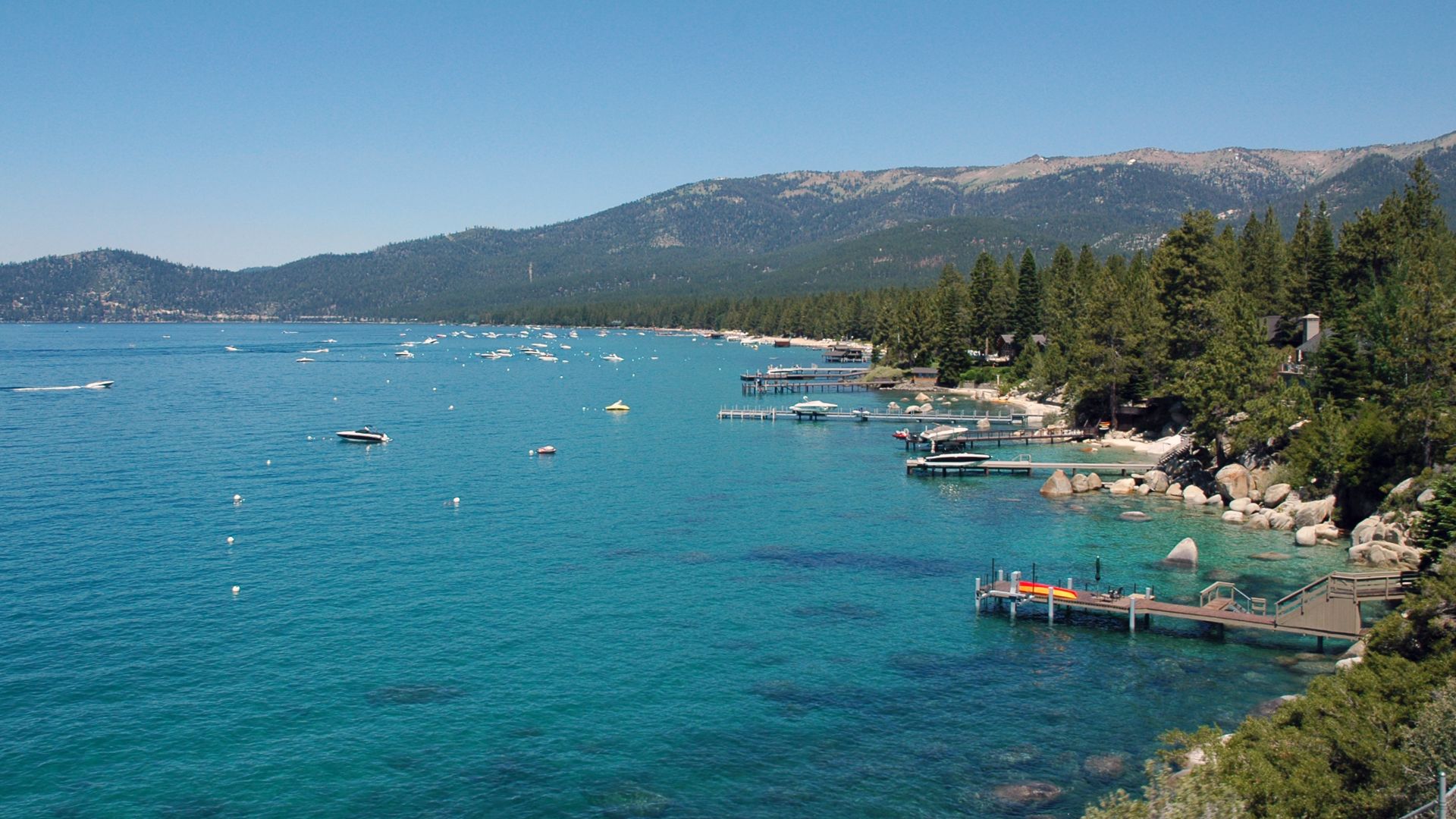 View of Incline Village private docks from Nevada State Route 28, 2011