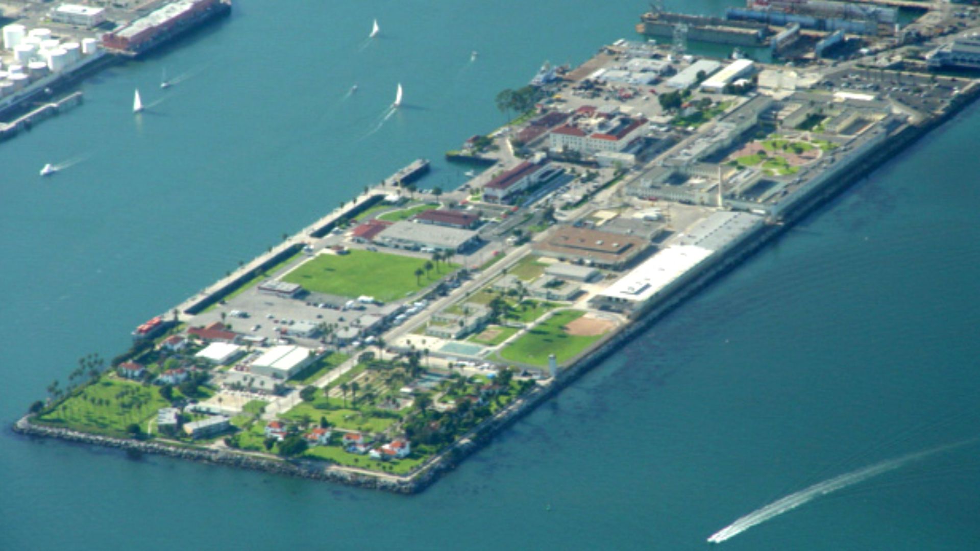 Reservation Point, the southwest portion of Terminal Island. It includes Federal Correctional Institution, Terminal Island, a US Quarantine Station, and two Southwest Marine Shipyard drydocks.