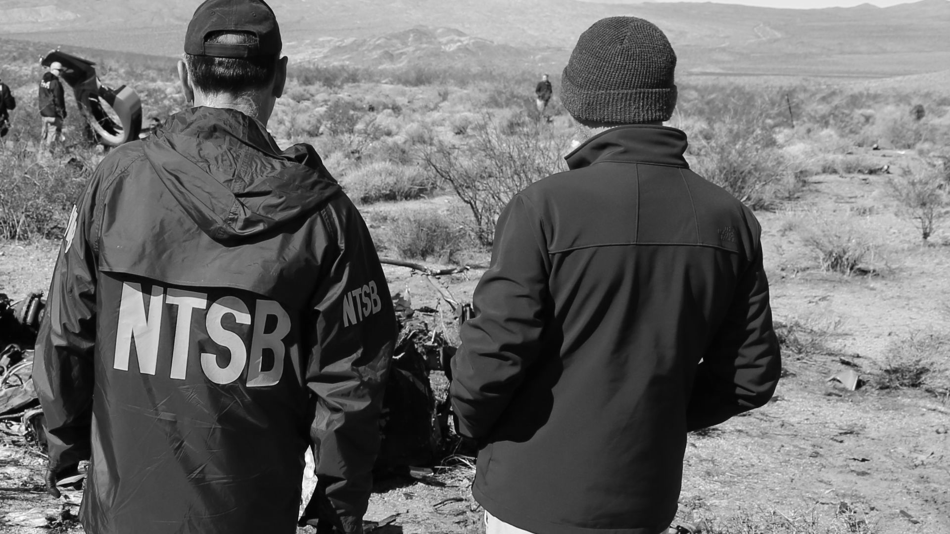 WASHINGTON (Feb. 13, 2024) — NTSB investigators at the site of the Feb. 9, 2024, crash of an Airbus Helicopters EC-130 near Halloran Springs, California. (Photo: Peter Knudson/NTSB)