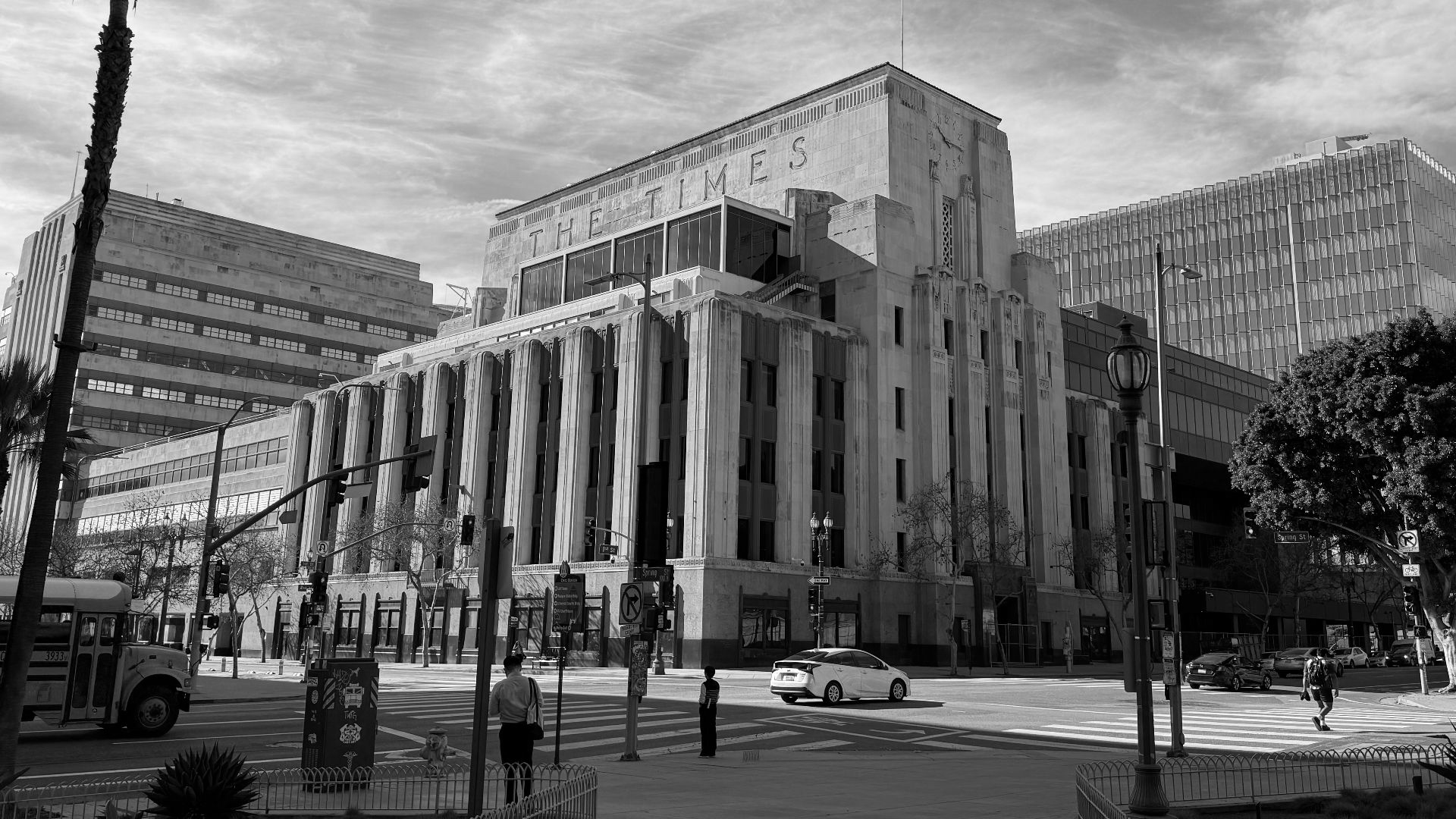 A view of the Los Angeles Times building from 1st Street and Spring Street taken from the park at Los Angeles City Hall
