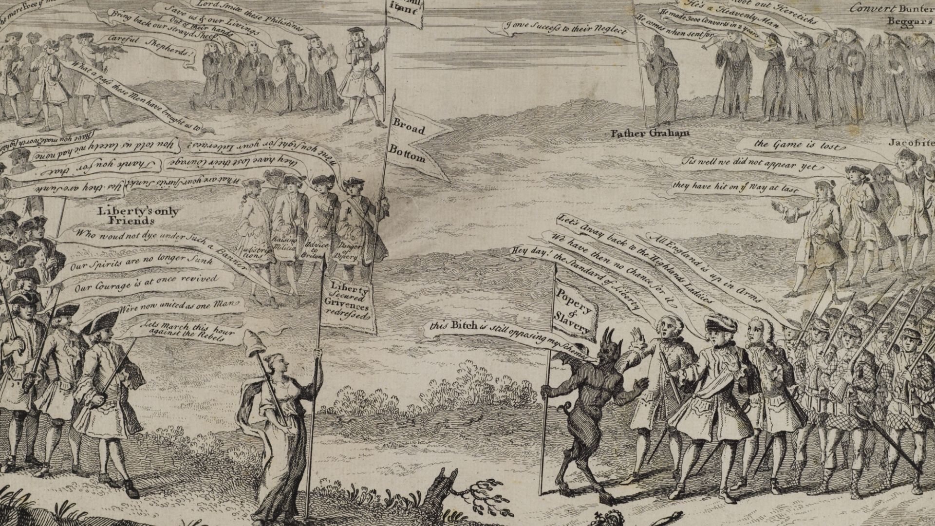 12 1/4x 7 Picture of a field with the two opposing sides- Prince Charles as a devil holding a flag