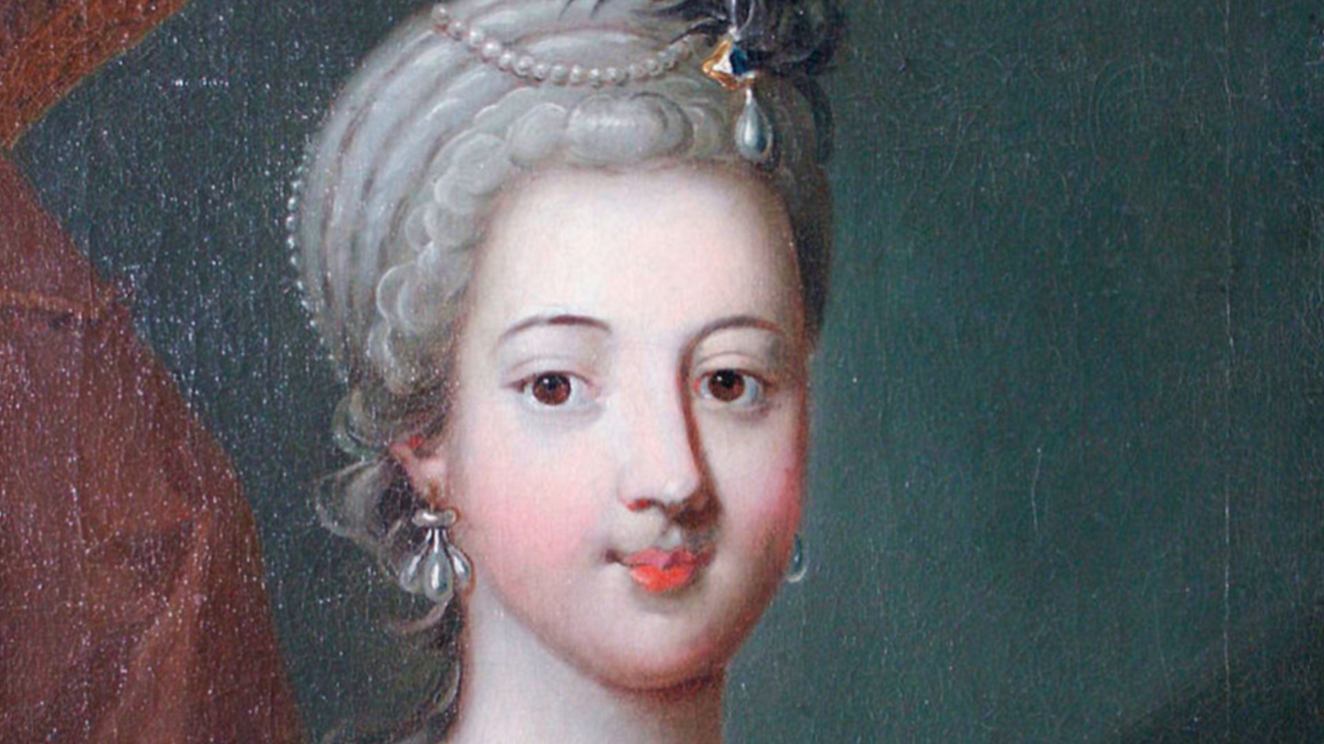 Portrait of Princess Louise of Stolberg-Gedern (1753-1824), Countess of Albany, is depicted half-length, turned to the right, head facing the viewer, wearing a rich silver dress decorated with goldwork and jewellery. She was born at Mons, in present-day Belgium. She married Charles Edward Stuart (Bonnie Prince Charlie) in Italy in 1772, and this portrait may date from the 1770s. A miniature portrait of her can be found on the back of the St Andrew Jewel on display in the Crown Room at Edinburgh Castle.
