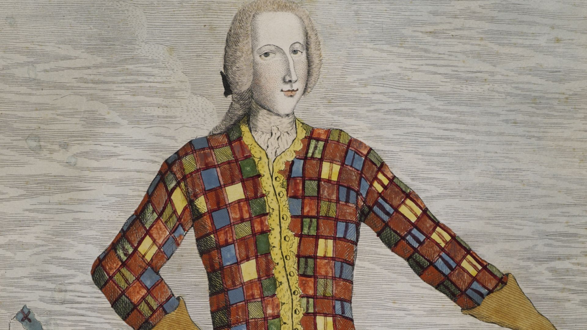 Coloured 12x7 1/4 Fl. St. 1/2R Portrait of Prince Charles in tartan tunic and short trousers- brightly colored plaid with yellow, blue, green, and red-- holding a sword, with his shield by his side. In the countryside with a large castle in the background