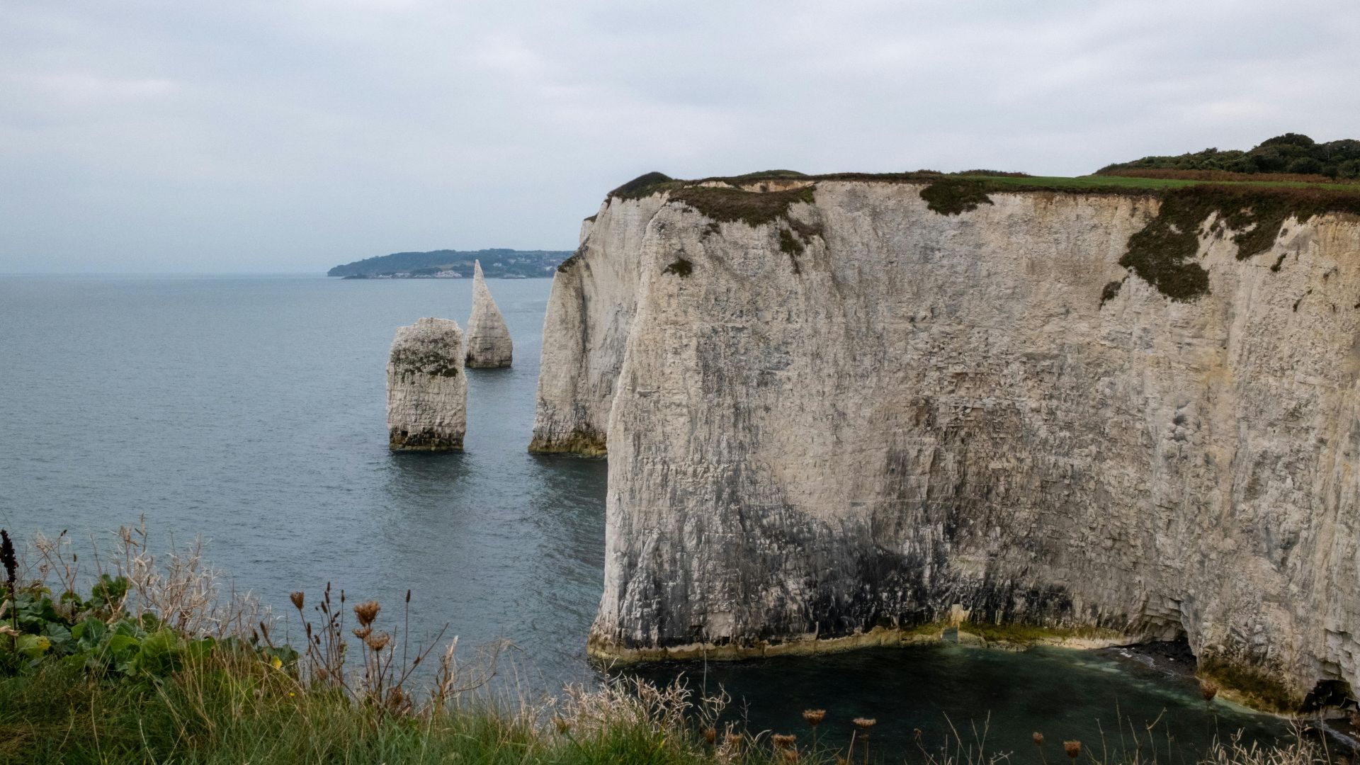 Breathtaking view of Old Harry Rocks cliffs along the Jurassic Coast in England.