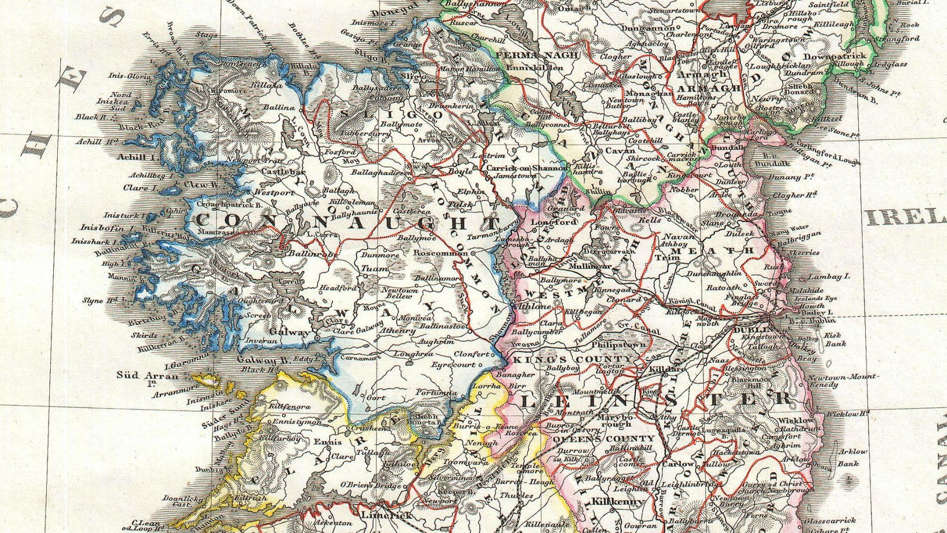This is a fine early example of the Map of Ireland published by Justus Perthes, Gotha.  It shows the island divided into four districts:  Ulster, Connaught, Leister and Munster.  Shows roads, railroads, local political divisions and some of the surrounding waters and territories in England and Scotland.  Drawn by F. von Stülpnagel and engraved by C. Metzeroth for inclusion as plate no. 15 in the 1841 issue of Stieler’s Hand-Atlas.