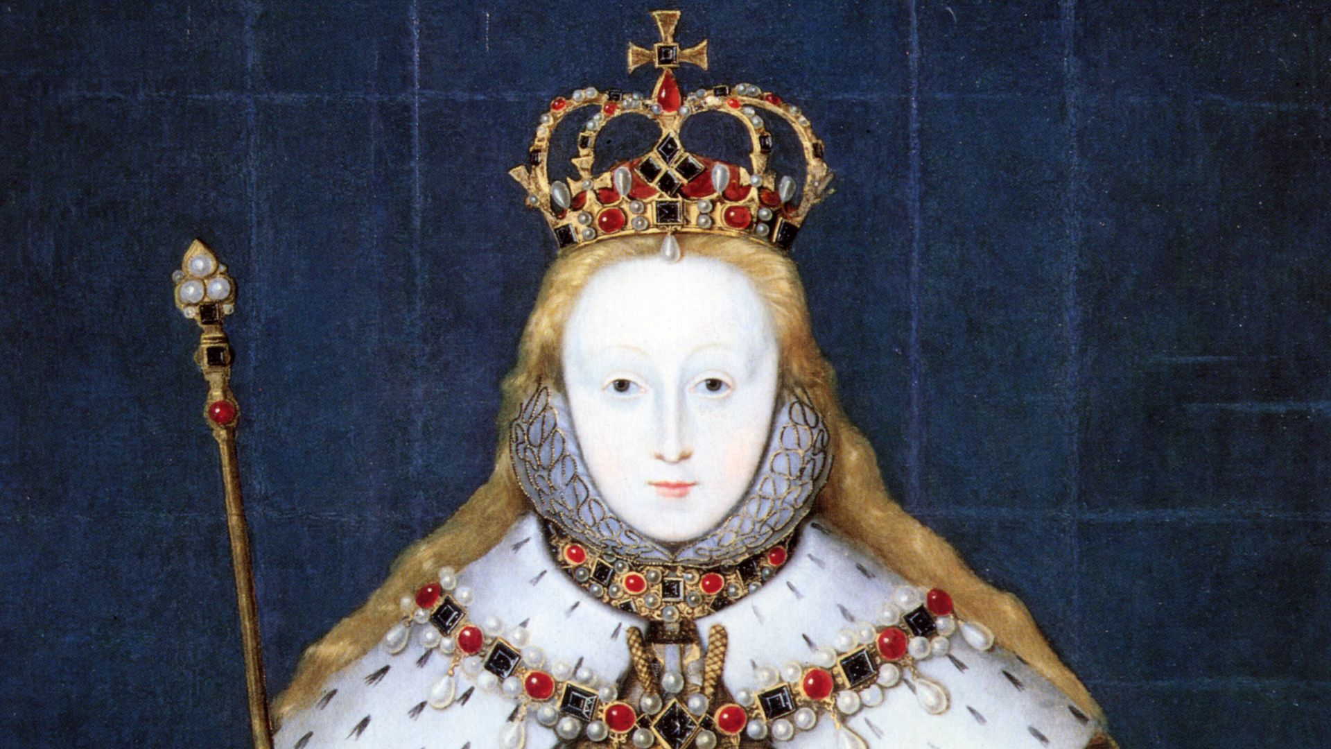 Queen Elizabeth I of England in her coronation robes, patterned with Tudor roses and trimmed with ermine. She wears her hair loose, as traditional for the coronation of a queen, perhaps also as a symbol of virginity. The painting, by an unknown artist, dates to the first decade of the seventeenth century (NPG gives c.1600) and is based on a lost original also by an unknown artist.