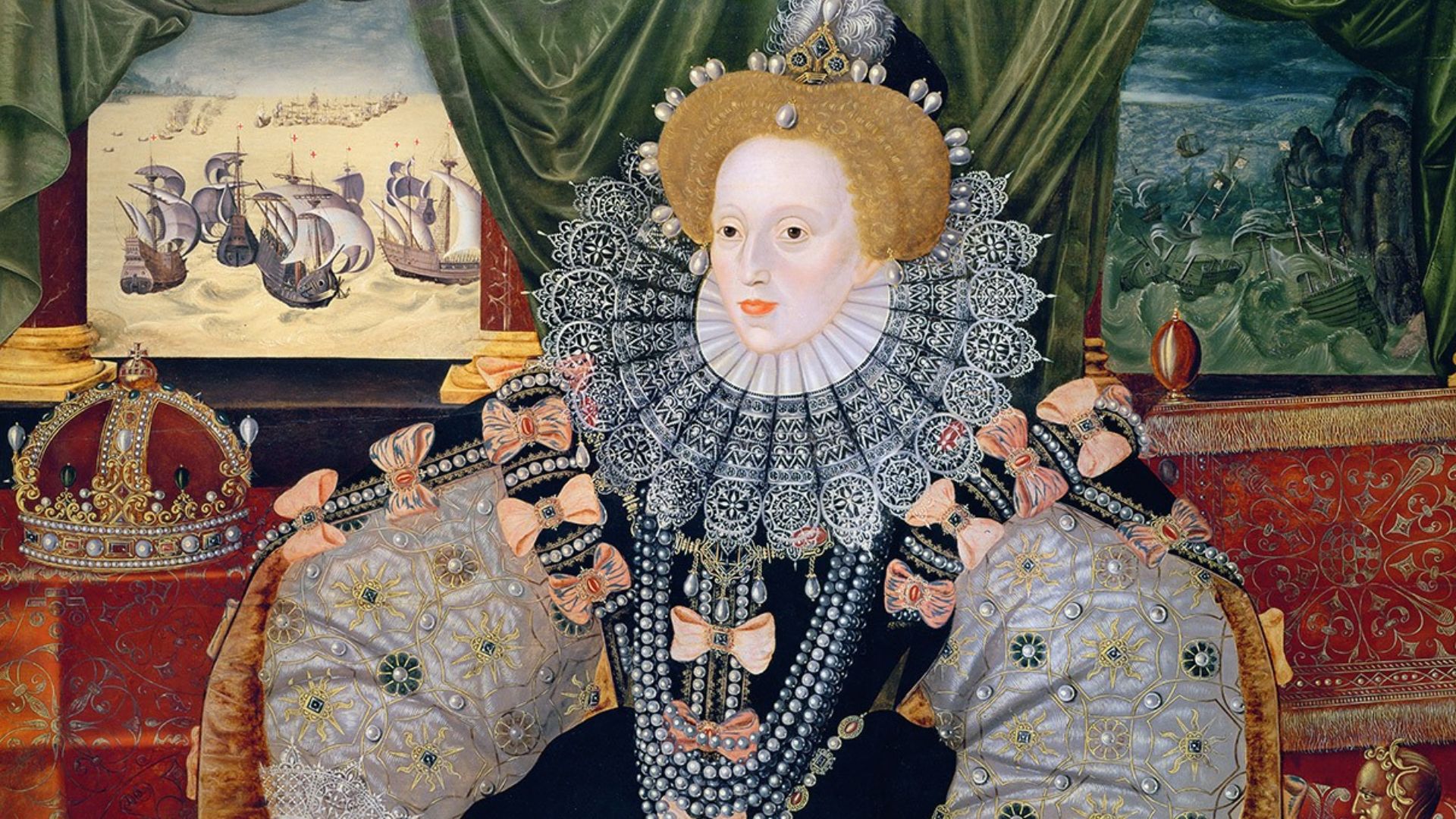 The portrait was made to commemorate the defeat of the Spanish Armada (depicted in the background). It is the most faded, but has fewer losses and other damage. Its Armada naval action scenes have their ships floating as if on sand, as the varnishes that once coloured the sea have faded over time. It is the only version to retain its 16th century seascapes, visible to either side of Elizabeth.