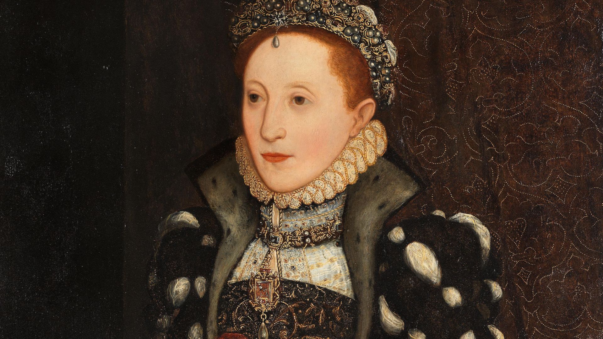 Portrait of Elizabeth I of England of the 'Badminton' type.  The Queen is shown in a black dress with gold enbroidery, holding a red rose.