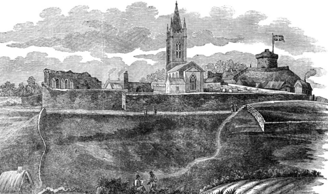 St. Mary's Church with the breach made by Cromwell in the town-wall, in the storming of Drogheda, 1649