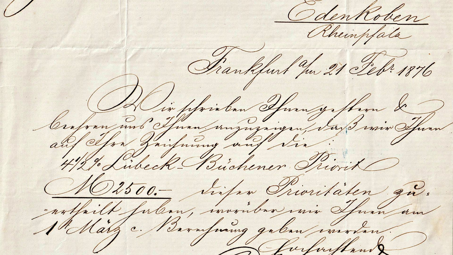 Firmenschreiben der Rothschild Bank Frankfurt, 1876, an den späteren Verleger Emil Sommer in Edenkoben