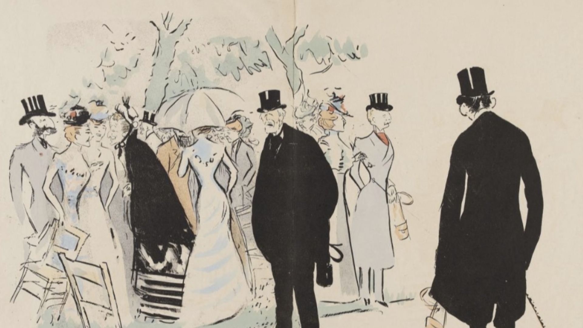 Portraits du Prince Troubetzkoy, Baronne Alphonse de Rothschild, Baron Gustave de Rothschild, Marquis Boni de Castellane, Emile Deschamps et autres personnages, Champ de courses, course équestre, modes, chapeaux, jumelles