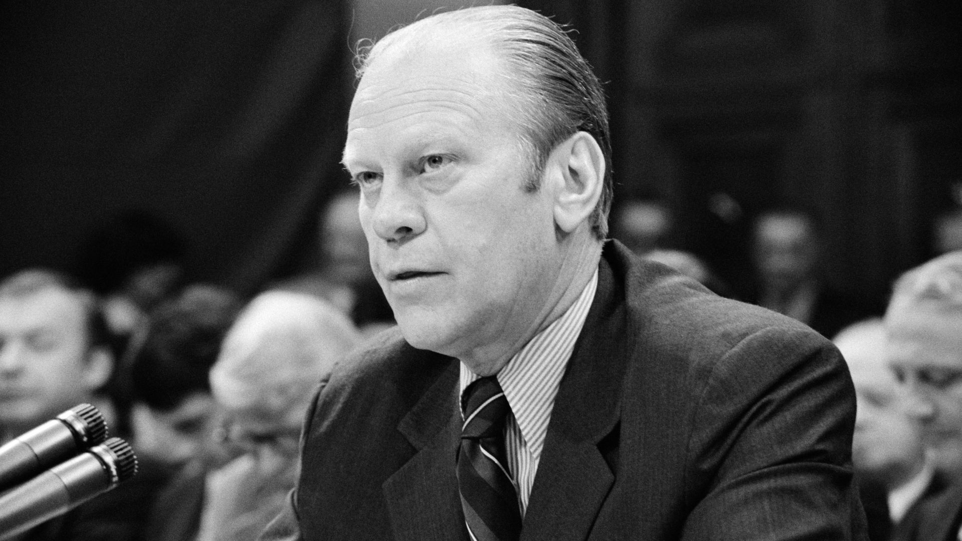 President Gerald Ford appearing at the House Judiciary Subcommittee hearing on pardoning former President Richard Nixon, Washington, D.C.