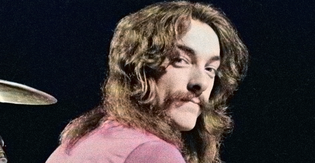 Drummer Neil Peart from Canadian progressive rock band Rush posed at his drum kit in the Public Auditorium in Cleveland, Ohio on 17th December 1977. 