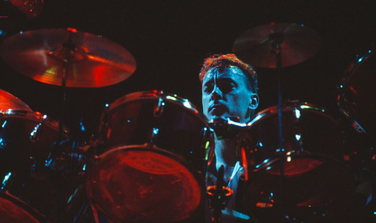 Neil Peart of Canadian progressive rock trio, Rush, performing on stage, United States, December 1985. 