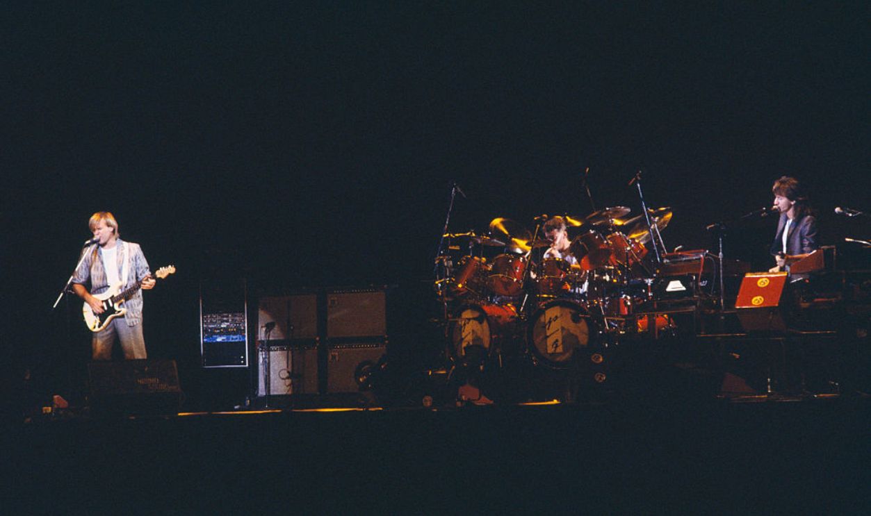 Alex Lifeson, Neil Peart, Geddy Lee of Rush performing on stage during their only shows in Japan, 21st November 1984.