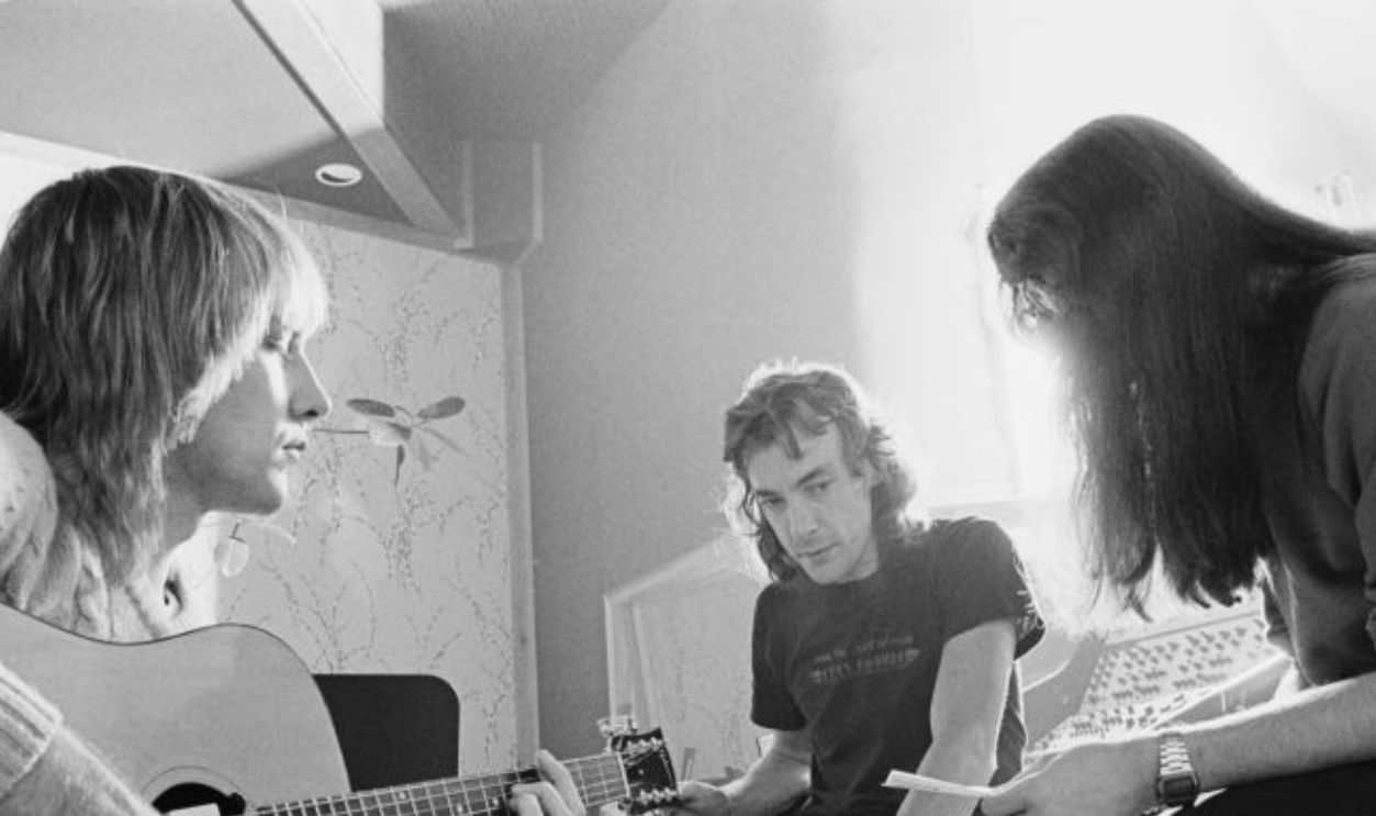 QUEBEC, CANADA - 1st SEPTEMBER: Canadian progressive rock band Rush recording their album 'Permanent Waves' at Le Studio, Morin Heights, Quebec, Canada in October 1979. Left to right: Alex Lifeson, Neil Peart and Geddy Lee. 